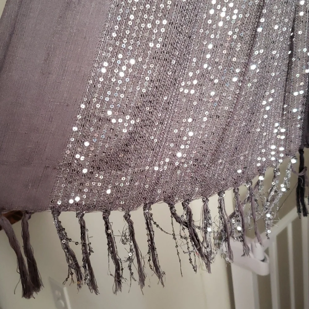 NY & Co Sequin Scarf Taupe Shimmer Fringe Evening Wrap